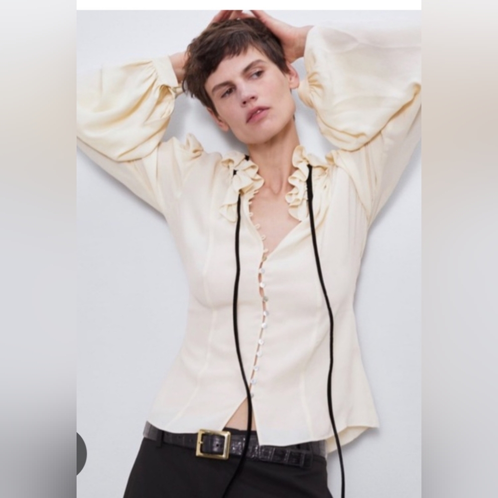 Zara Ivory Blouse with Black Ties